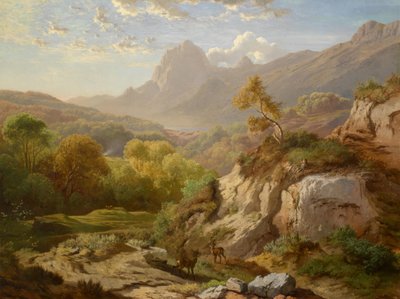 Red Deer in a Vast Mountain Landscape by Albert August Zimmermann